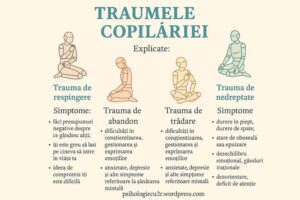 Infografic despre cele patru traume ale copilăriei: respingere, abandon, trădare, nedreptate, împreună cu simptomele emoționale asociate